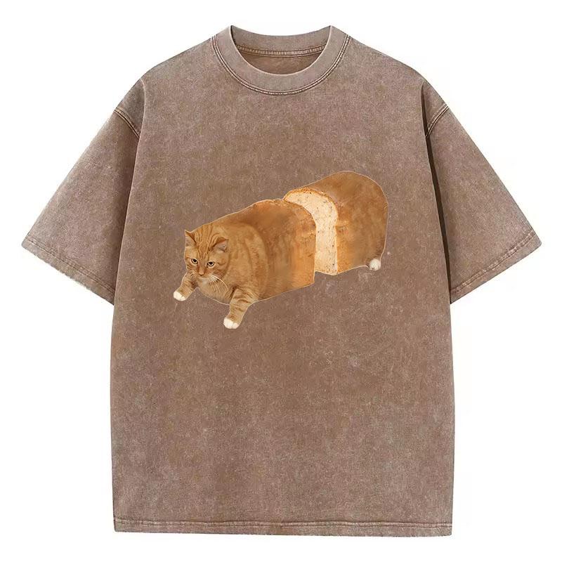 Oversize T Shirt Vintage Washed Cotton T-Shirt Y2k Retro Hummor Bread Cat Graphic Tee Casual Streetwear Spring Summer
