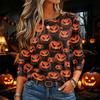 Women's Halloween Print Long Sleeve Neck Pullover T-Shirt for Fall