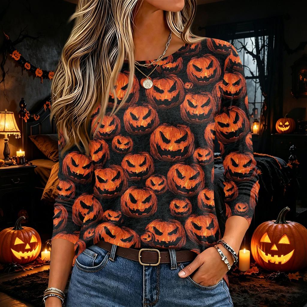 Women's Halloween Print Long Sleeve Neck Pullover T-Shirt for Fall