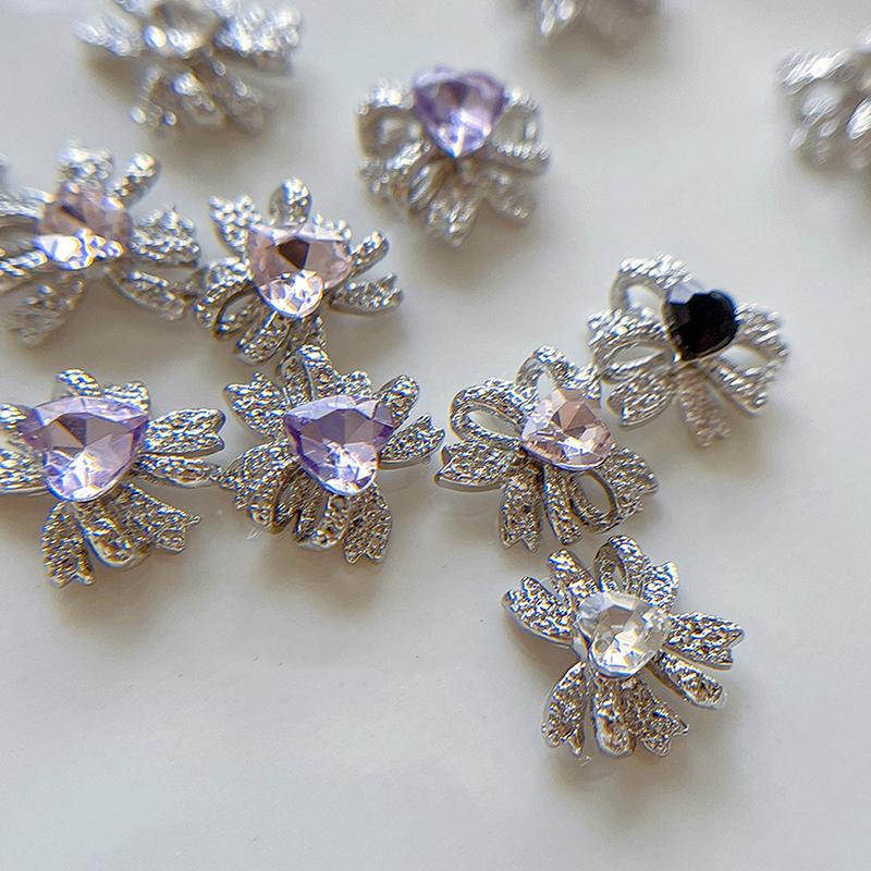 5Pcs Bows Heart Diamond Nail Art Charm 3D Alloy Bow Heart Nail Decoration Diy  Nail Accessories