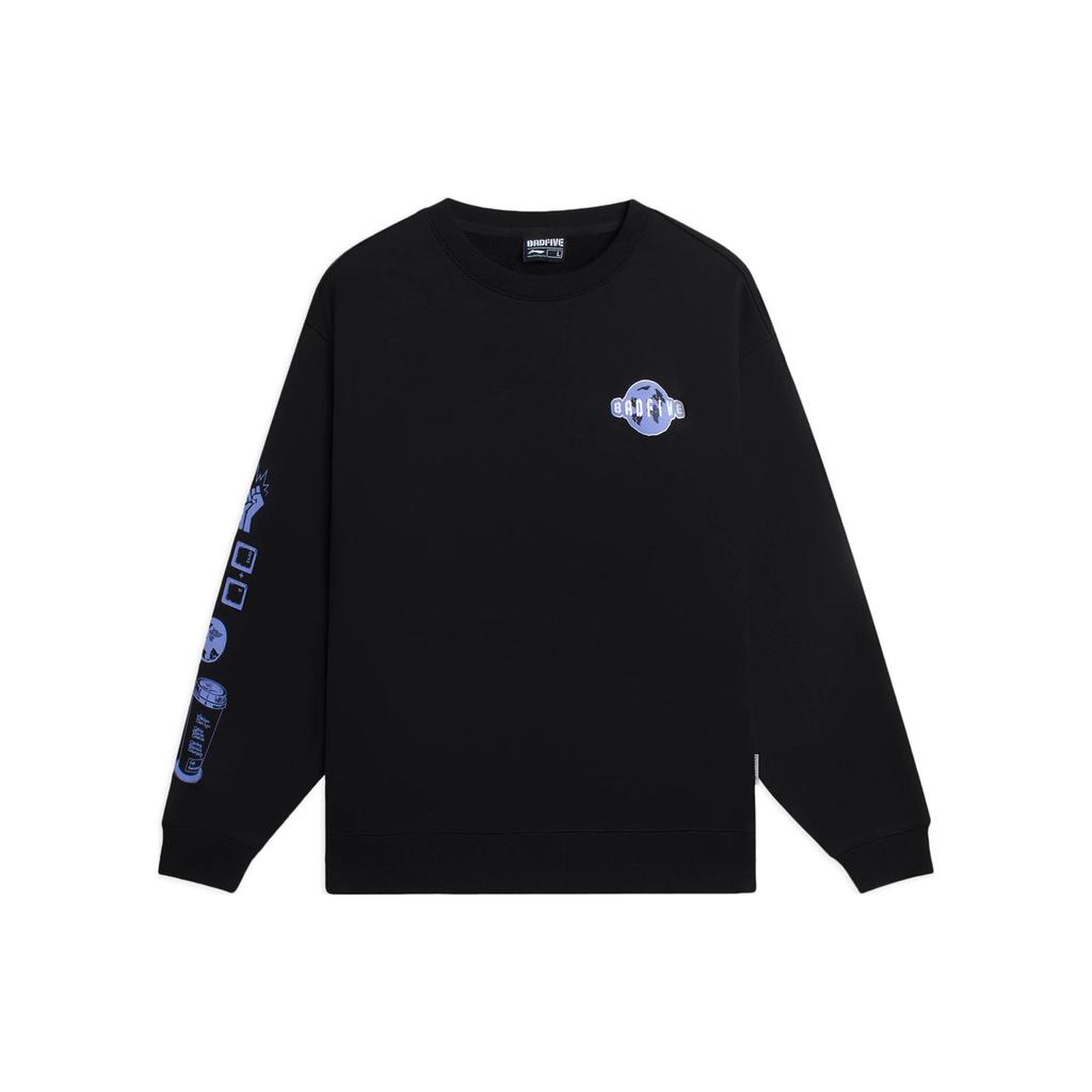 Li Ning BADFIVE Brand Logo Print Fleece Lined Crew Neck Pullover Long Sleeved Sweatshirt Unisex Black AWDSC01-3