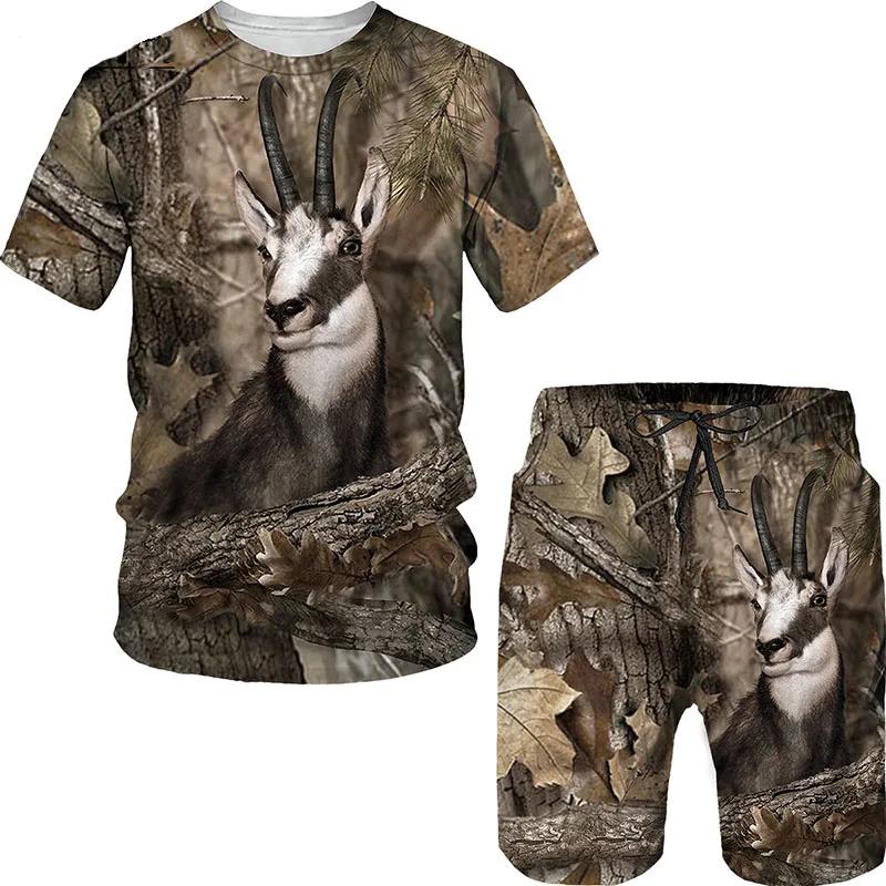 Tier Wildschwein Fuchs 3D-Druck 2-teiliges Set Camouflage Jagd T-Shirt Sets Mode Herren O-Ausschnitt Trainingsanzug Übergroßes Herren Sweatshirt