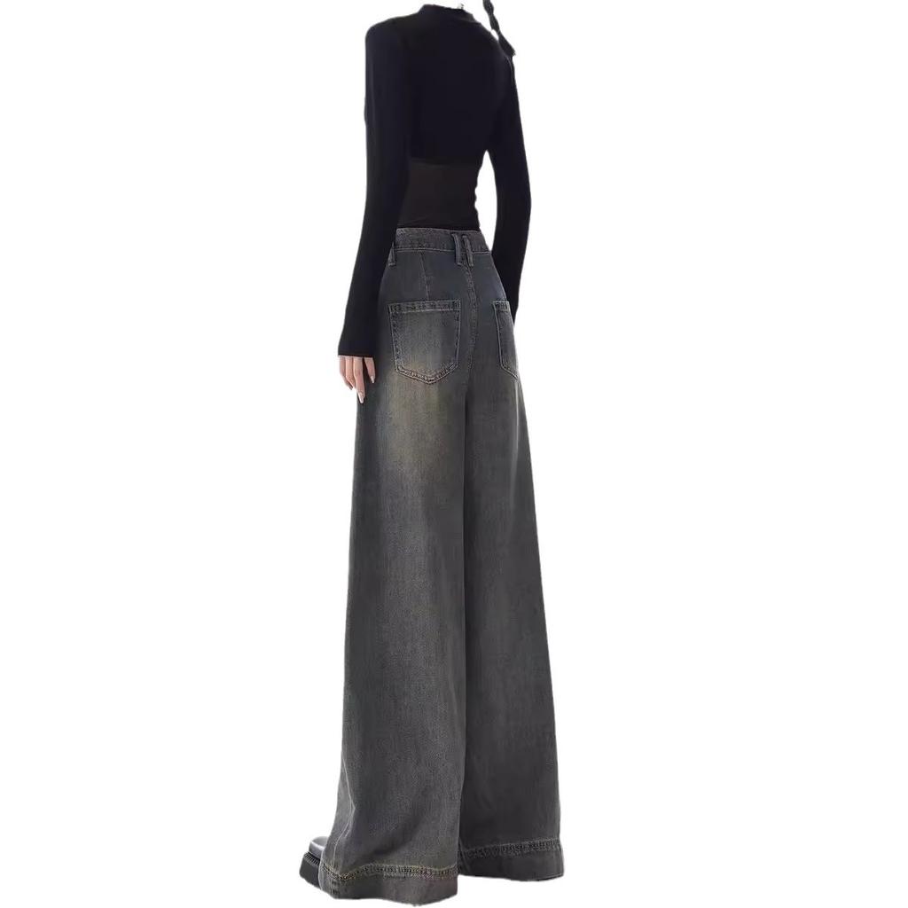 Spring and Autumn American Retro Washed Wide-leg Jeans Women's High-waist Mopping Pants Straight Pants