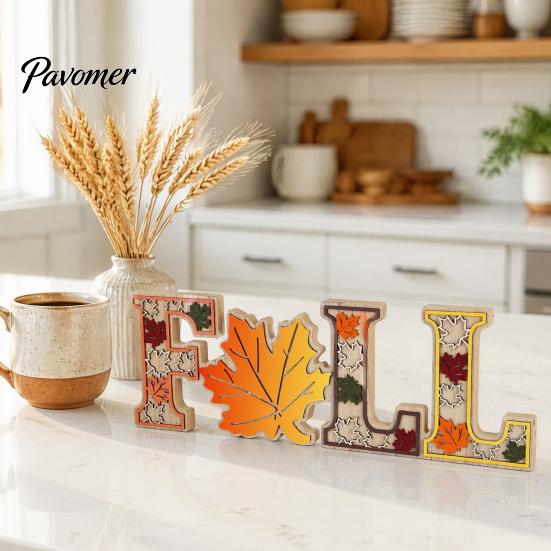 Solid Wood Harvest Theme Signs 4Pcs/Set Fall Wooden Tabletop Signs, Autumn Maple Leaf Letter Decorations for Table Tiered Tray Fireplace Dining