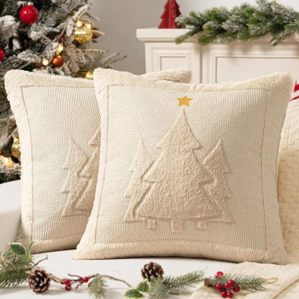 2PCS Soft Fluffy Christmas Pillow Cover Christmas Tree Throw Pillowcase Pillowslip Home Sofa