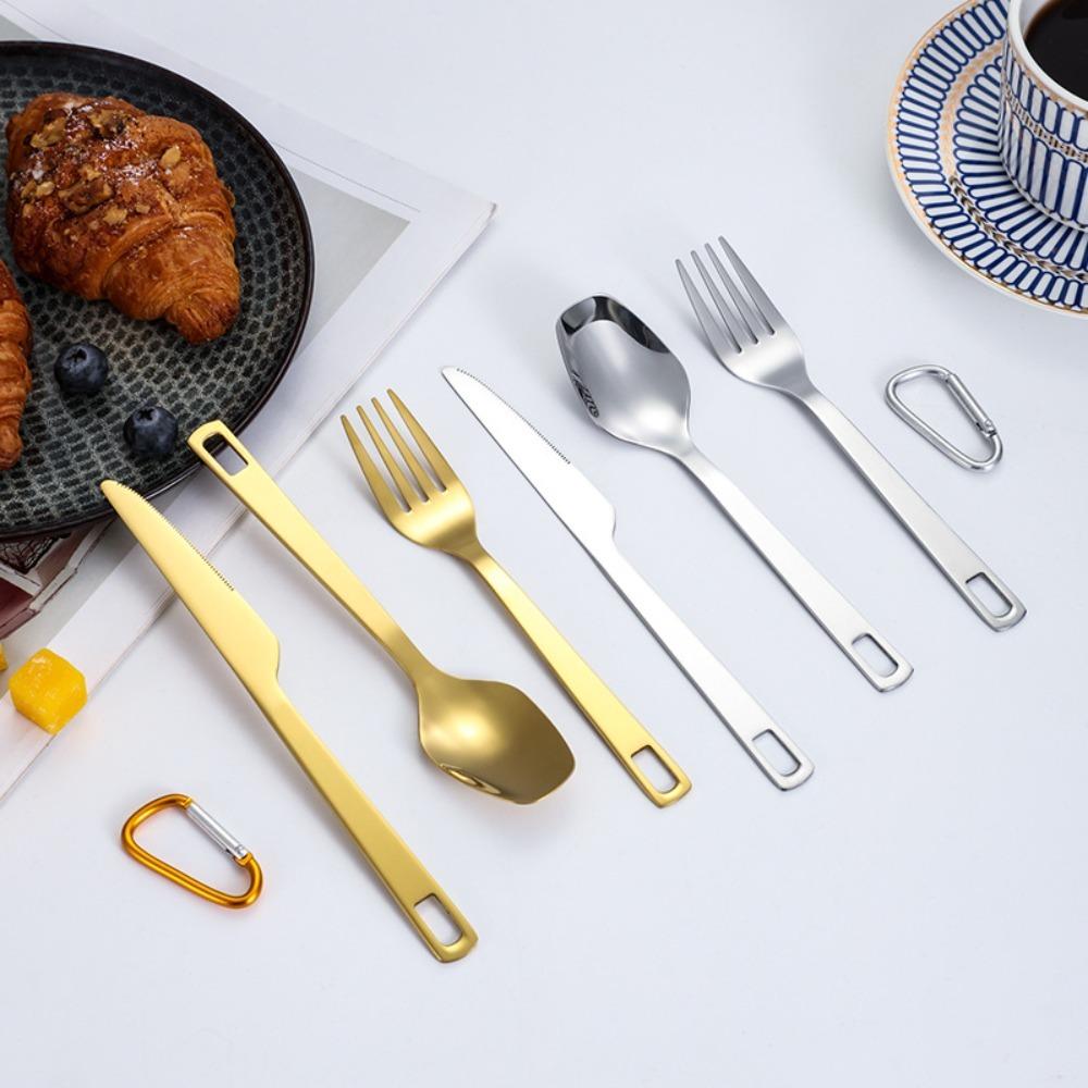 3pcs/set with Carabiner Camping Cutlery Set Stainless Steel Tableware Set  Hiking
