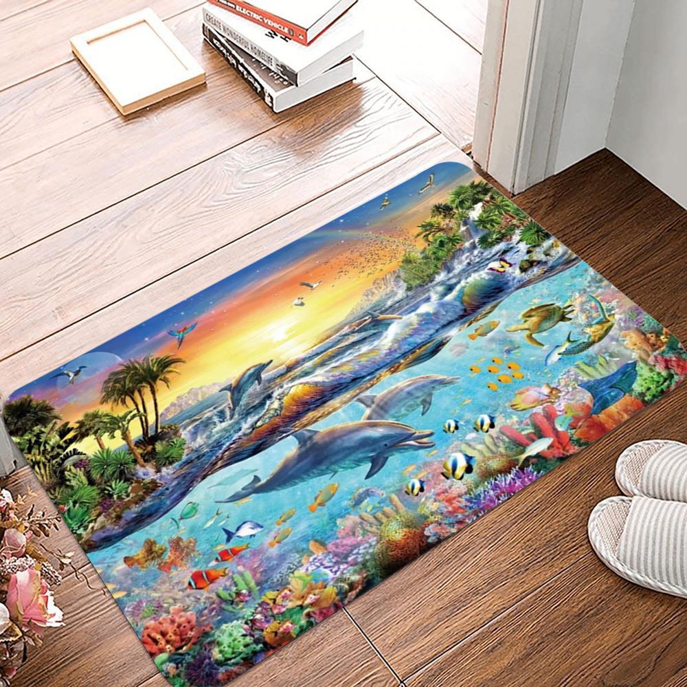 Romantic Sunset Ocean Door Mat with Dolphins and Coral Reefs Non-slip Entrance Rug for Home Decor Living Room Bedroom Decoration