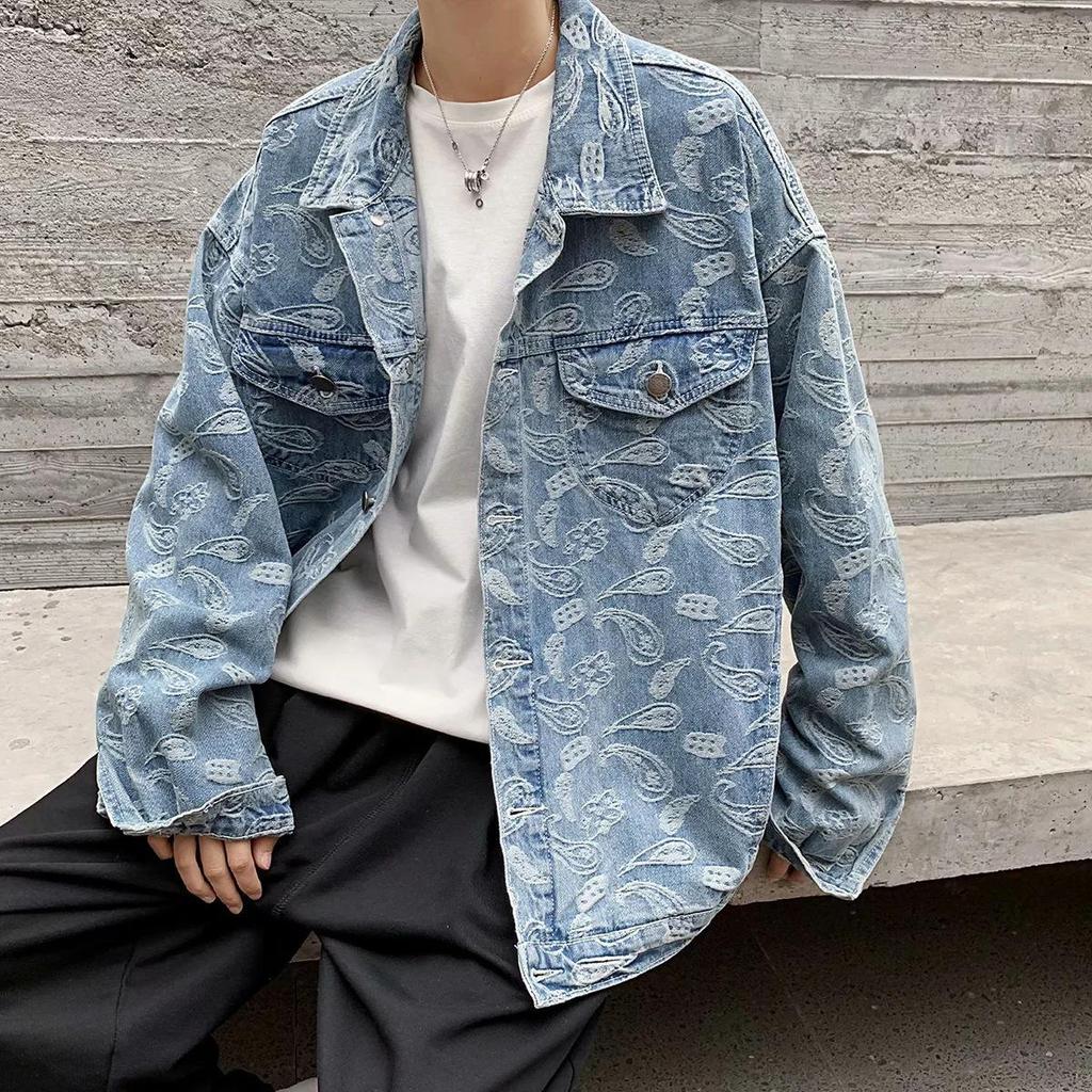 Men's Autumn Korean Style Distressed Denim Jacket - Jacquard, Loose Fit, Casual, Handsome, Plus Size.
