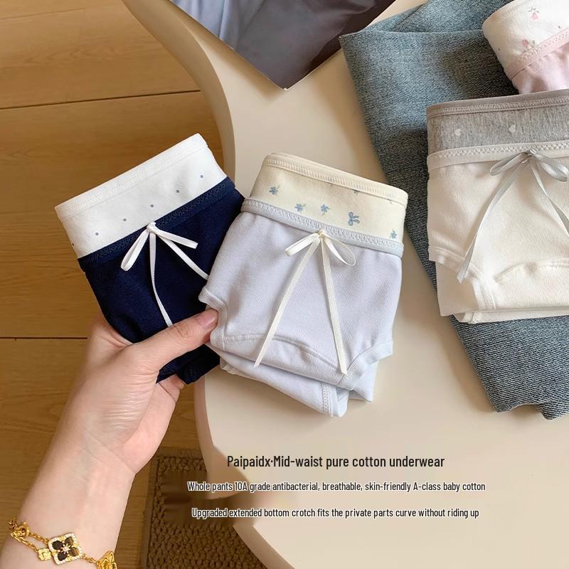 Damen Hautfreundliche Schleife Spitzen-Slips - Atmungsaktiv, Antibakteriell, Mittelhoch, Reine Baumwolle, Süßes Dreiecksdesign