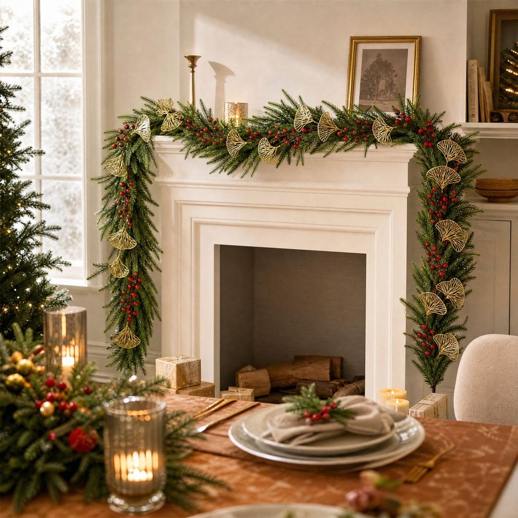 Christmas Garland 6FT with Gold Fan Leaves and Red Berries for Fireplace Mantel and Window Decoration