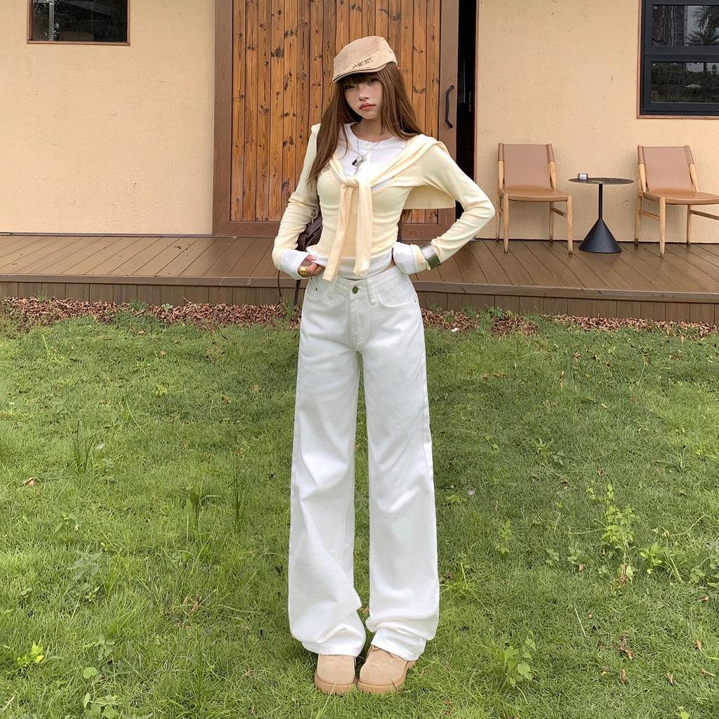 Women's Autumn 2025 White Retro Low-Waist Loose Straight-Leg Floor-Length Jeans