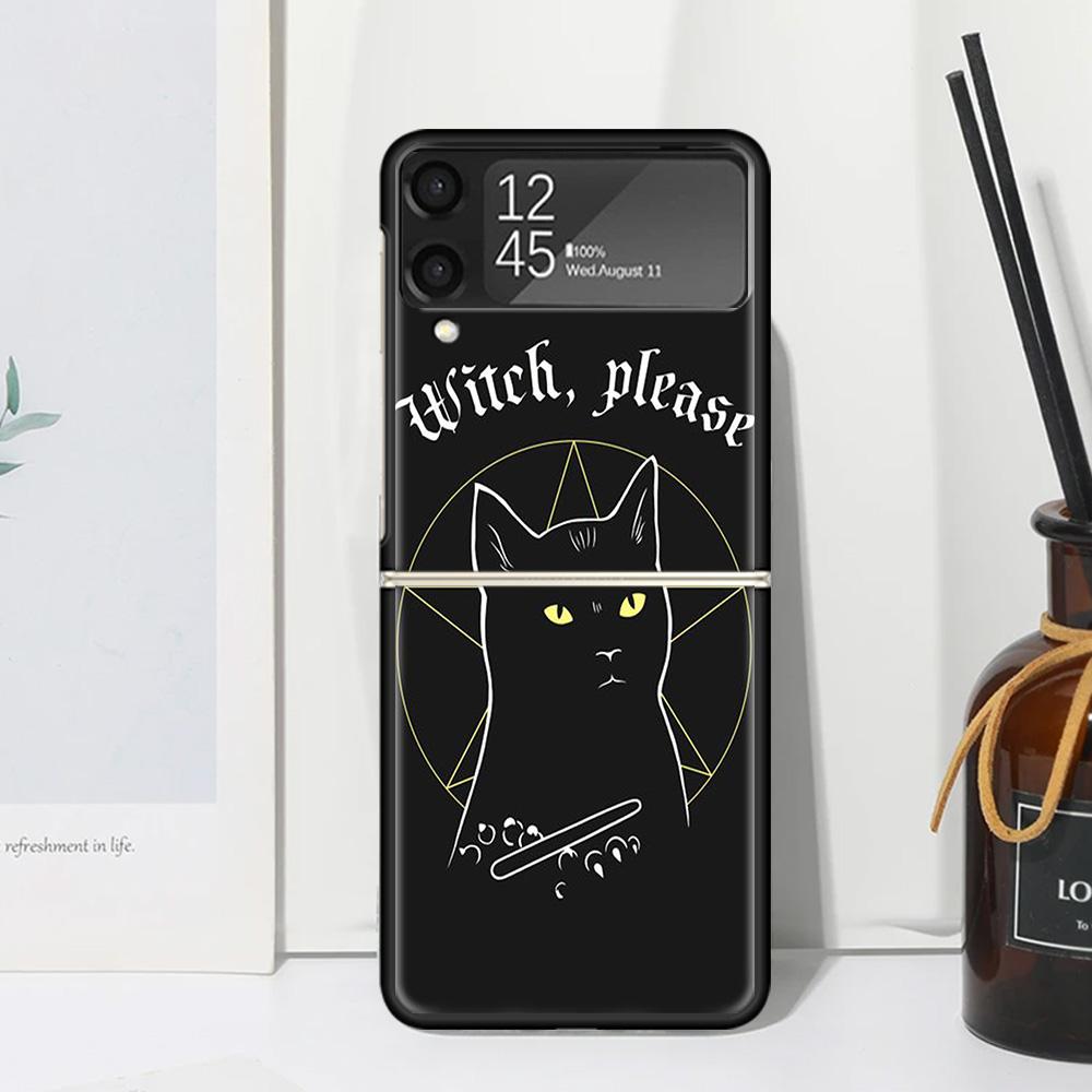 Witch And Cat Colorful Cute Phone Case For Samsung Galaxy Z Flip 7 Flip7 Zflip 6 Flip6 5 Flip5 4 Flip4 3 Flip3 5G Fundas Black C