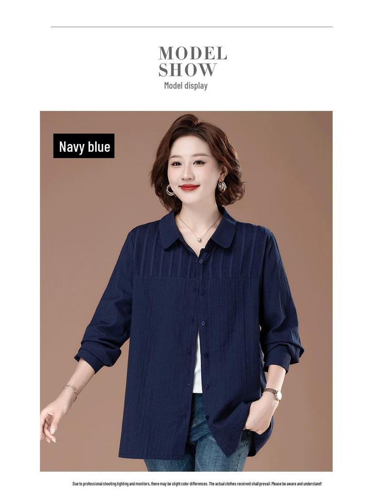 Bluzka damska z czystej bawełny w dużych rozmiarach z kołnierzykiem typu turn-down - Moda wczesnojesienna dla mam w średnim wieku