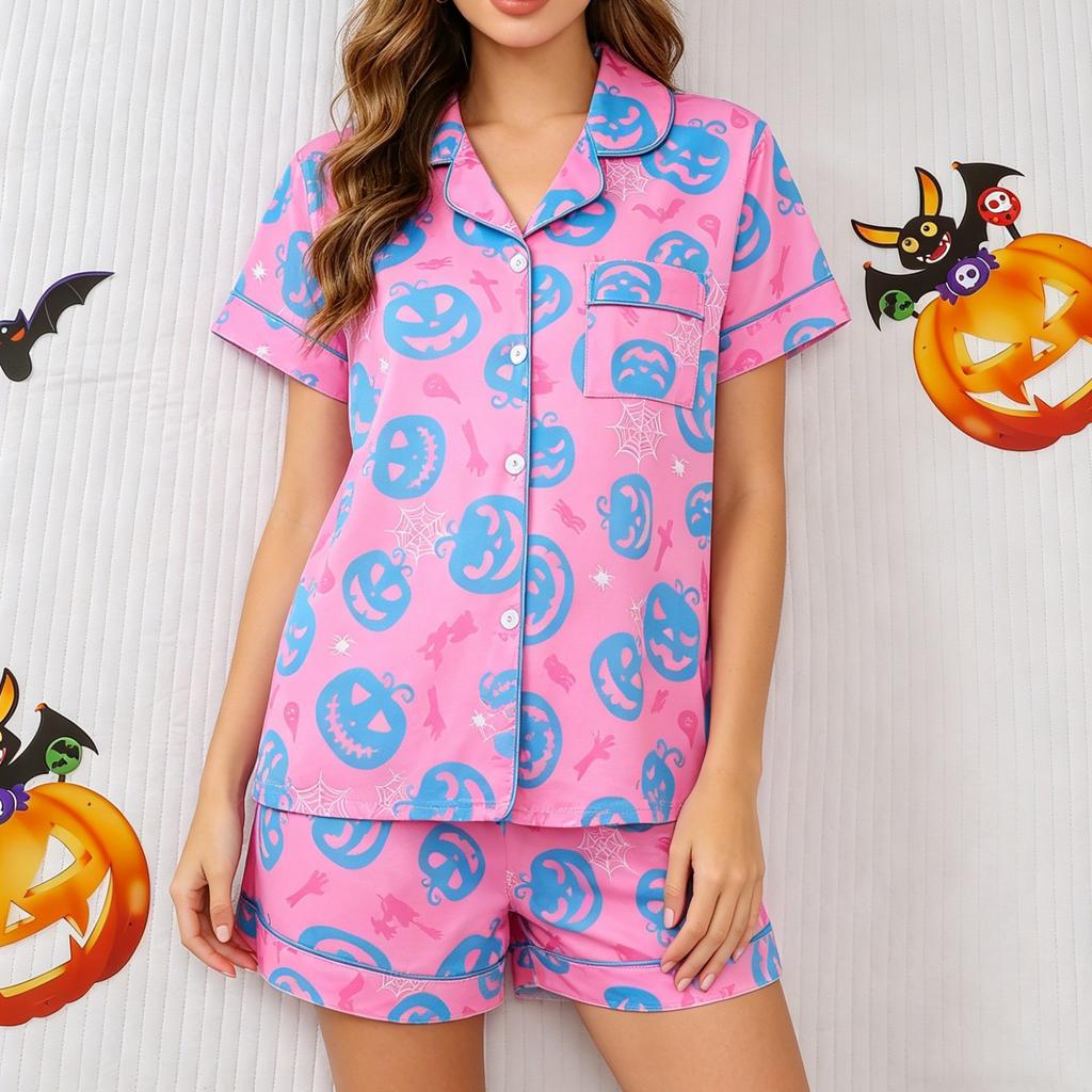 Halloween Women's Pajama Set Lapel Collar Open Front Cardigan Short Sleeve & Shorts Loungewear Loose Ultra Soft Casual Homewear Sleepwear Outfit