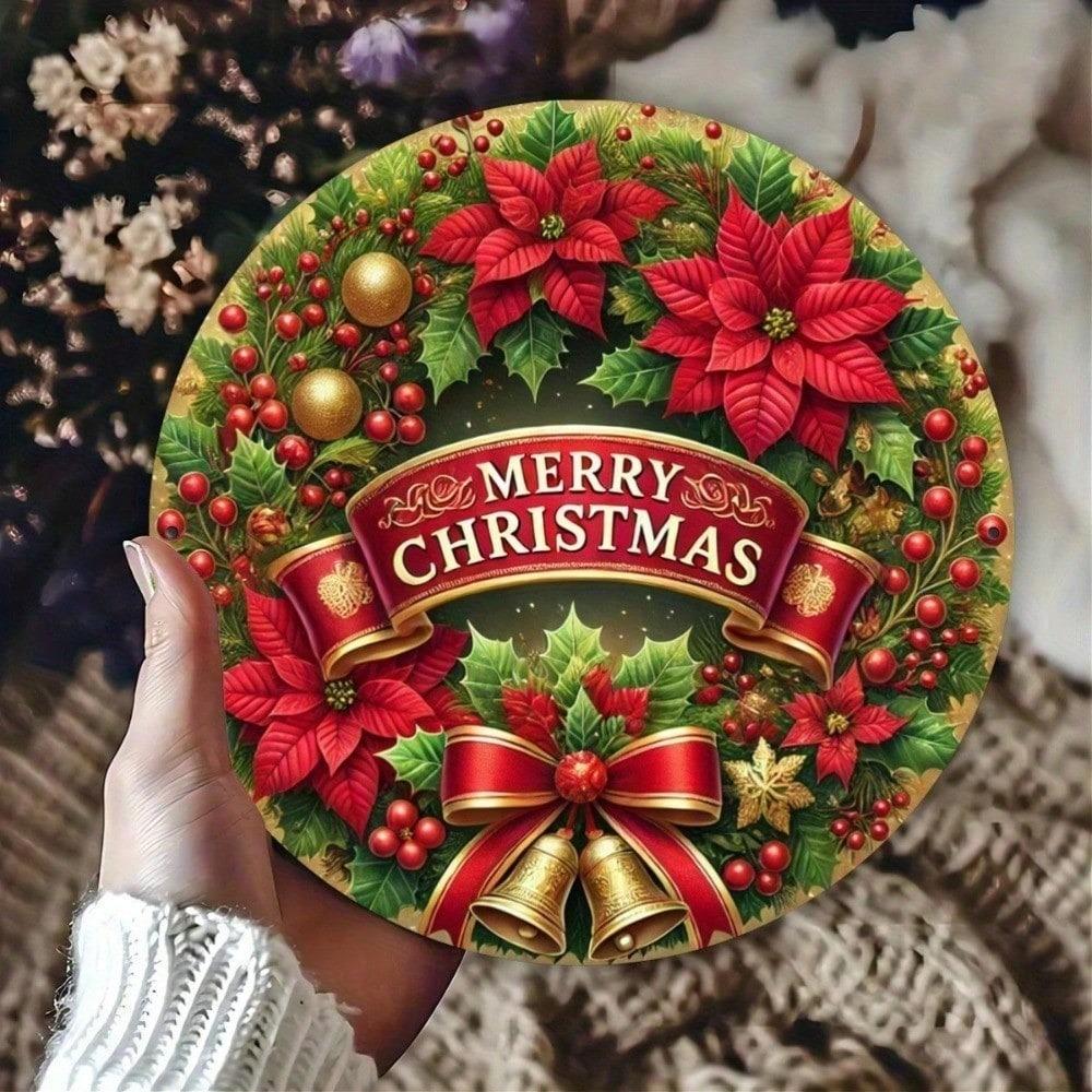 Jinxin Round Metal Christmas Tin Sign 8x8 Inch Poinsettia Wall Decor for Home Kitchen Retro Holiday Art