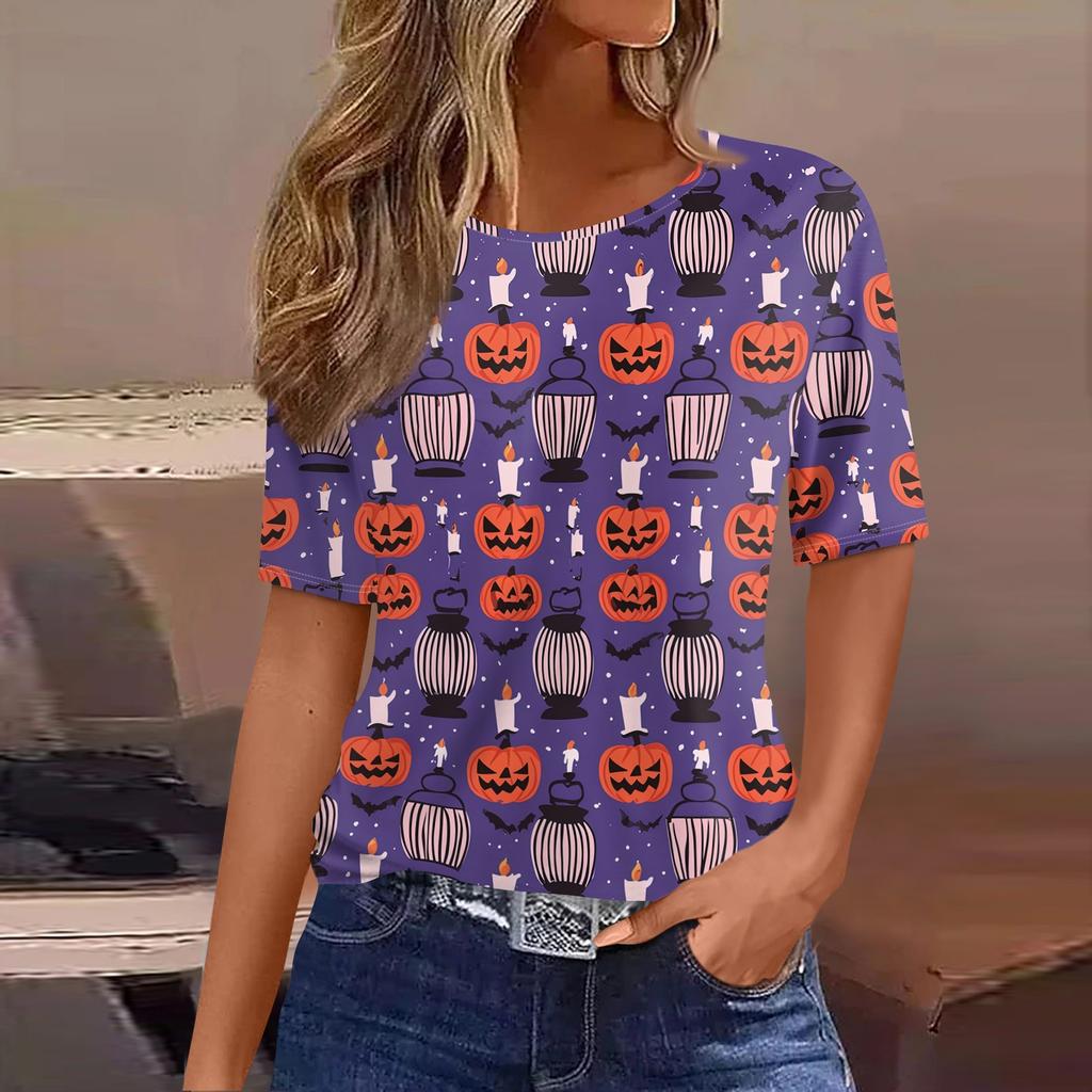 Womens Casual Short Sleeve Halloween Pullover Shirt Round Neck Bat Pumpkin Print Top Lightweight Comfortable Fit