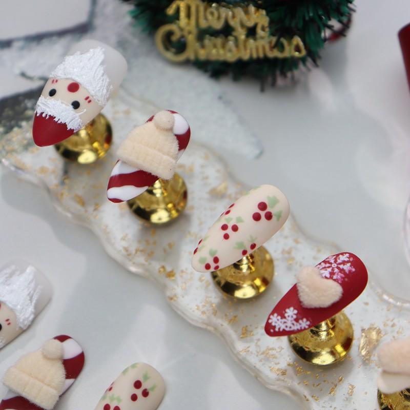 Handmade Matte Finish Press-On Nails With Santa Claus Design Brick Red A1043 Women Winter Holiday Wear
