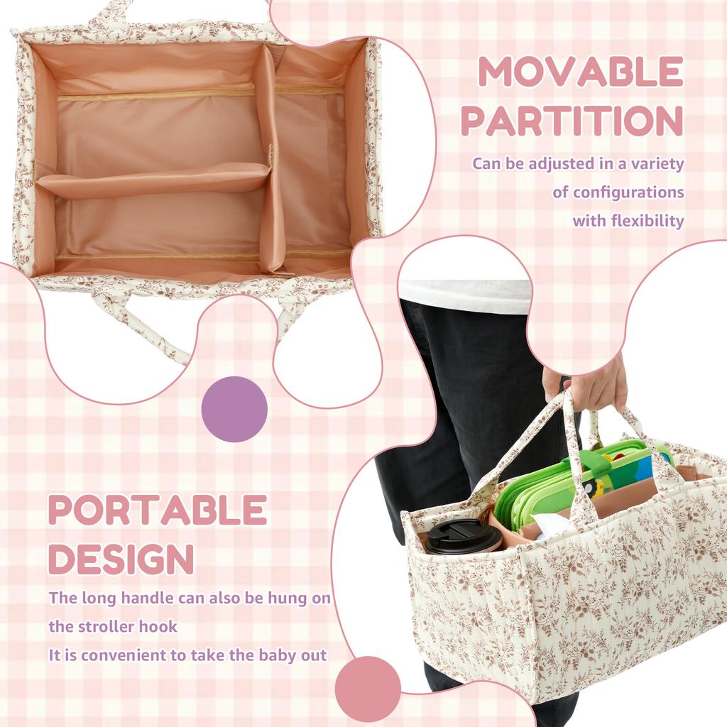 Floral Diaper Caddy Organizer with Handles and Removable Dividers Portable Nursery Storage Basket Versatile Baby Storage Basket