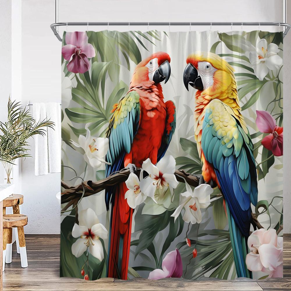 Tropical Leaf Parrots Shower Curtain Boho Vintage Floral Flower Hummingbird Plant Bathroom Decor Animal Print Modern Bath Curtai