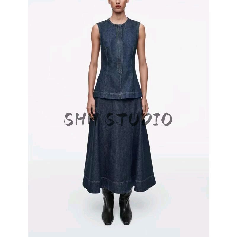 Spring New Women's Clothing French Design Slim Fit Round Neck Denim Sleeveless Tops Vest 1265155
