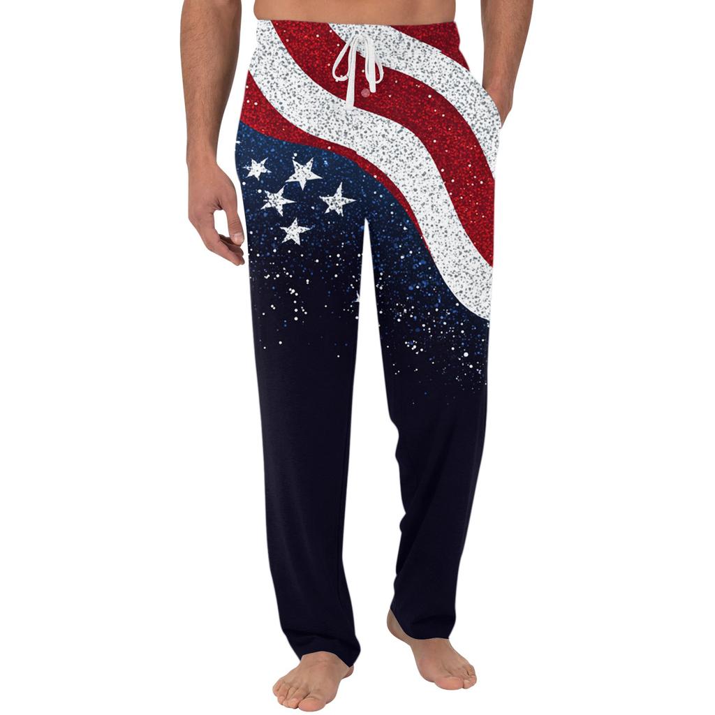 Men's Independence Day Print Plain Knit Pocket Casual Lounge Pants Sleepwear Drawstring Waist Relaxed Fit