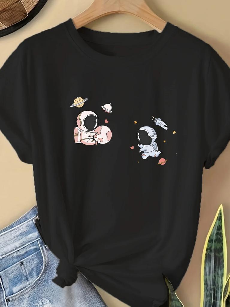 Kurzarm Cartoon Weltraum Design Lässig Lässig Damen Niedliches Astronauten Grafik T-Shirt Rundhals Sommer Lässig Streetwear Oberteile T-Shirts
