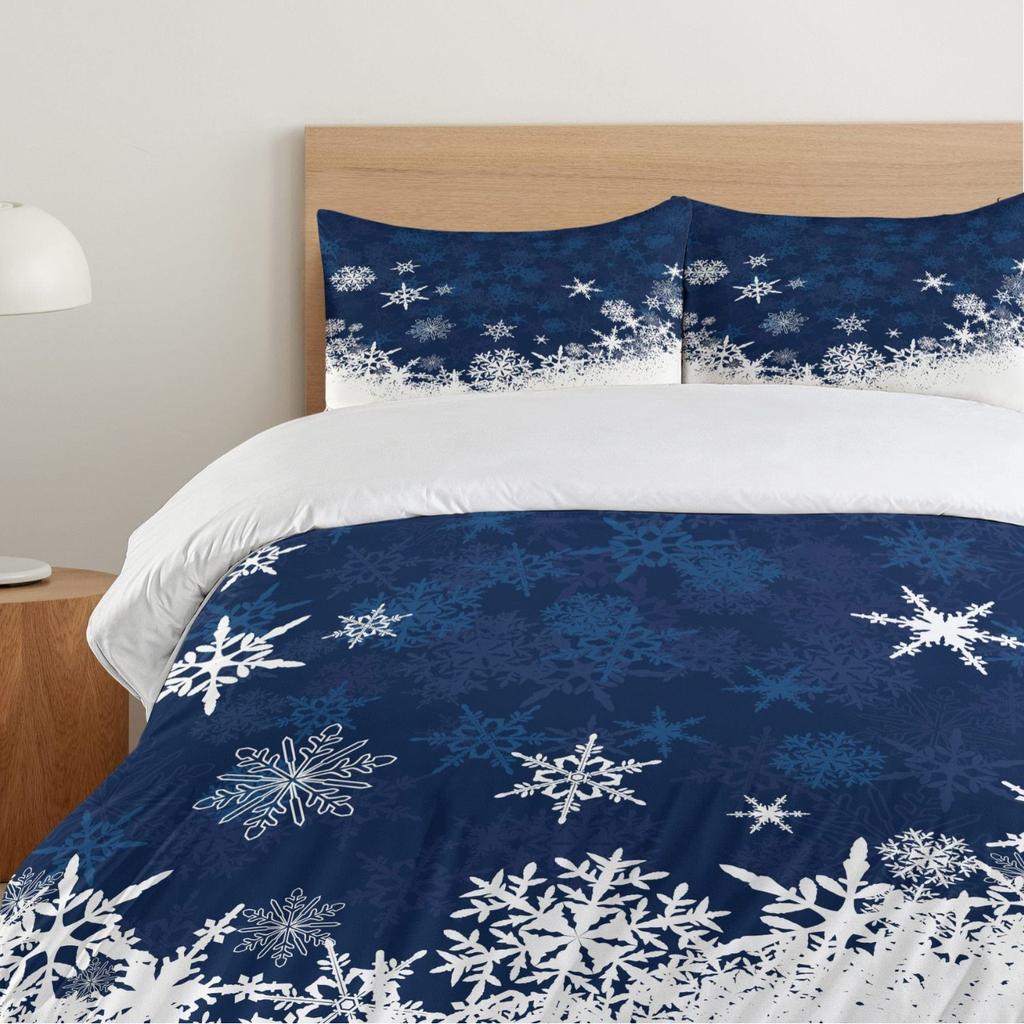 Christmas Themed Three-piece Quilt Cover Digital Printing Bedding Set Blue Snowflake Bed Cover