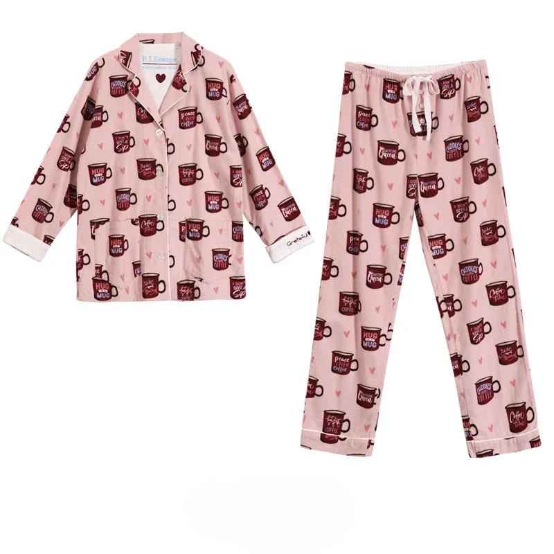 Women's Cotton Print Autumn Winter Long Sleeve Ladies Sleepwear 2 Pcs with Pant Turn Down Collar Single Breasted Loungewear