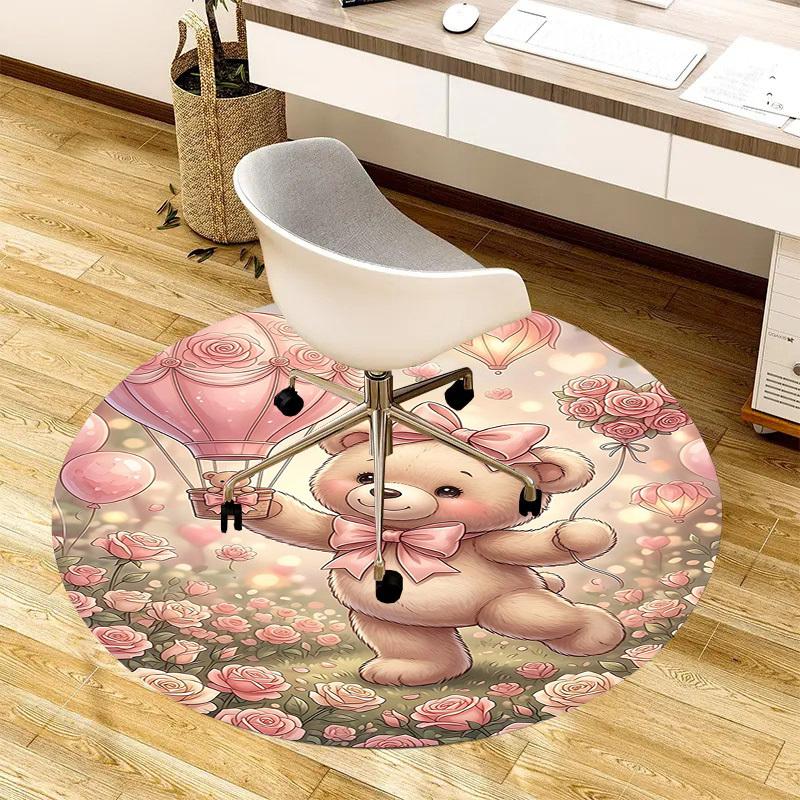 1PC Teddy Bear, Roses Non-Slip Floor Round carpet, Office, family, bedroom, Large Area Rug Indoor Rugs, Durable Polyester-L0417