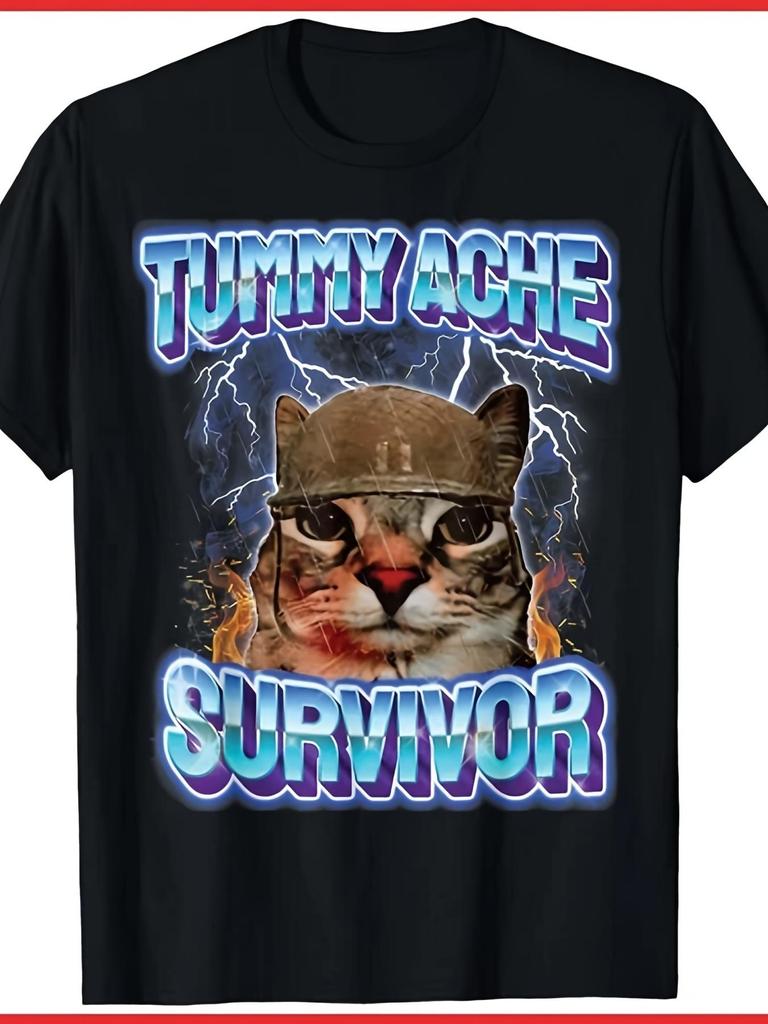 T-shirt Unisex Divertente Gatto Sopravvissuto al Mal di Pancia Meme S5XL T-shirt Casual Manica Corta Retrò con Stampa Grafica Umoristica Comfort