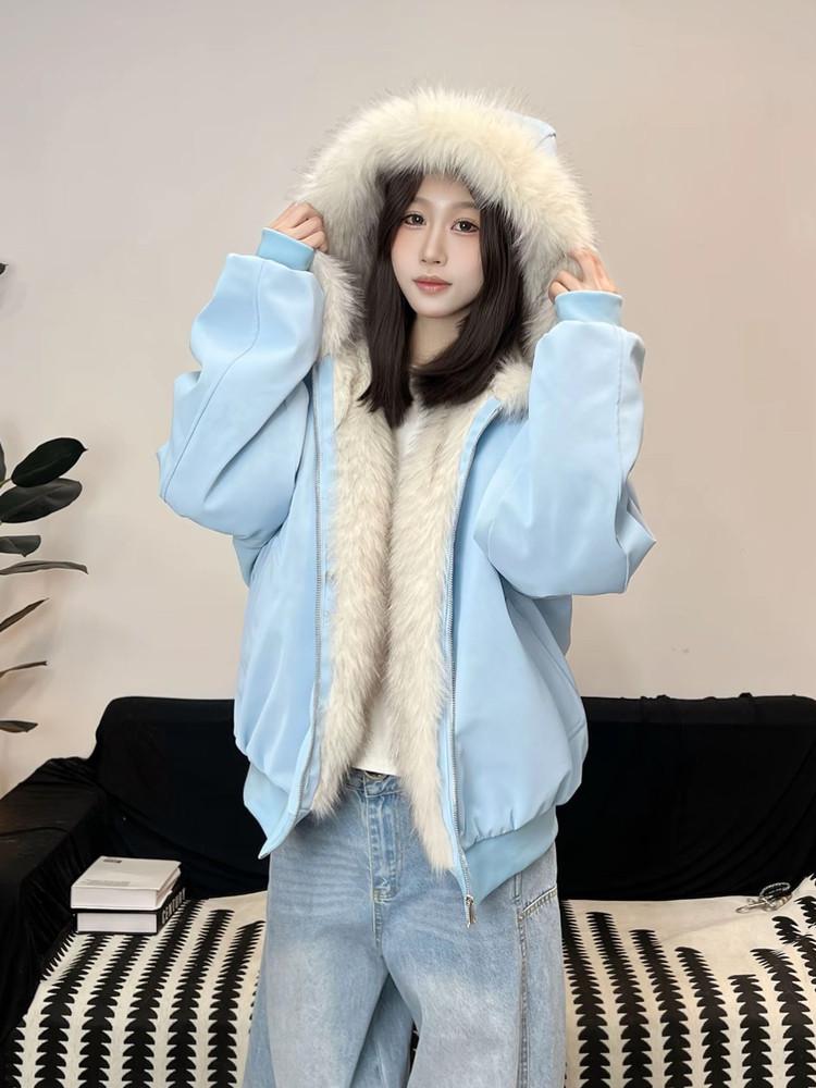 Winter Marble Base Mountain Hooded PU Leather Jacket with Faux Mink Fur for Men & Women - Warm Cotton Couple Jacket