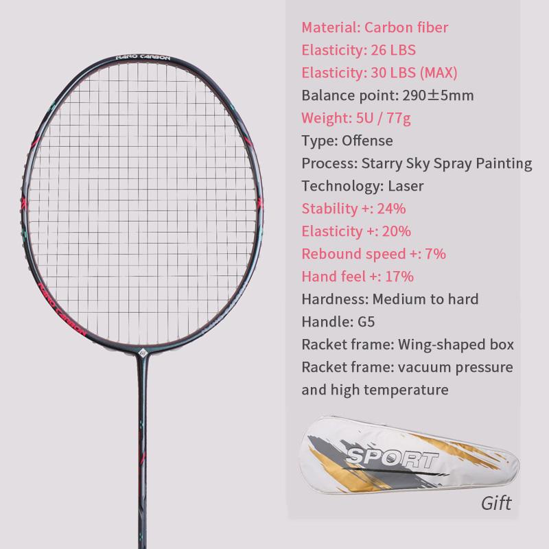 Raquete de badminton 28LBS fibra de carbono homem mulher adulto alta elasticidade durável principal Ataque raquete defesa Nível de competição
