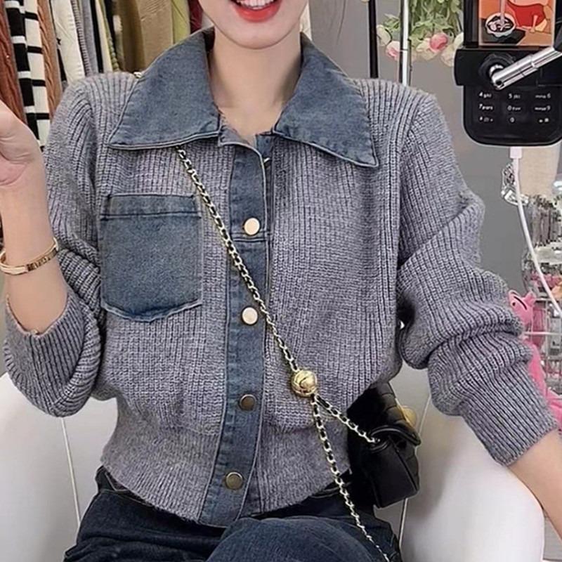 Autumn and winter PO collar short top women's fake two-piece denim collar splicing jacket knitted cardigan