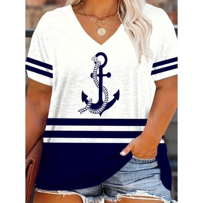 Camiseta de Mujer con Cuello en V y Estampado de Rayas de Ancla 3D Top Casual de Manga Corta Ropa de Verano para Exteriores