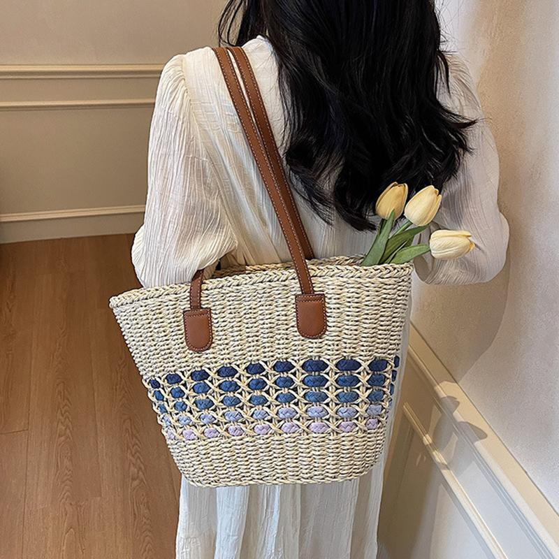 Women'S Casual Handmade Straw Tote Bag Summer Beach Lightweight Woven Large Capacity Zipper Shoulder Messenger Bag CLE