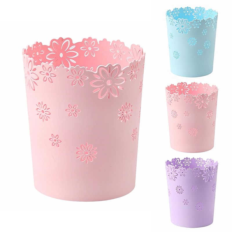 Mini Wastebasket 1.8 Gallons Small Pink Trash can Room Decor Hollow Flower Shape Plastic Lidless Round Garbage Container Bin for Bathroom, Kitchen,
