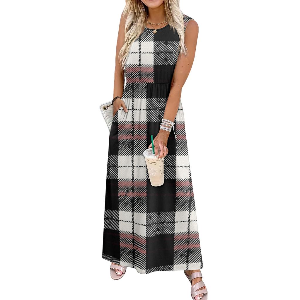 Ladies' Plaid Printed Casual and Fashionable Waist Cinched Sleeveless Dress