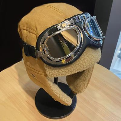 Cappello invernale unisex con occhiali protettivi, foderato in velluto spesso, protezione per le orecchie, fibbia a vento pelosa