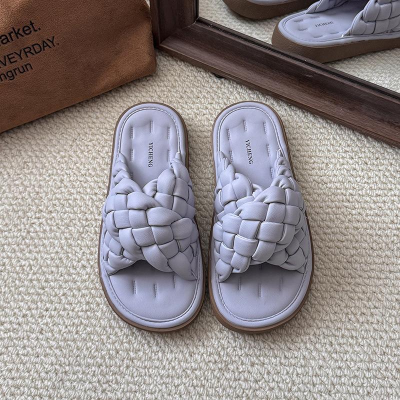 Woven Sofa Slippers Silver Crossed Slippers Women's Soft Bottom Summer Wear Handmade One-word Drag