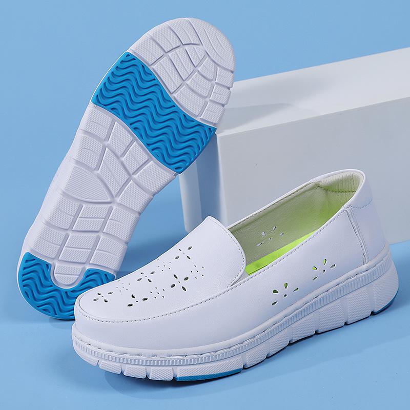 Women's Genuine Leather Breathable Non-Slip Nurse Shoes - Soft Sole, Hollow Design for Autumn
