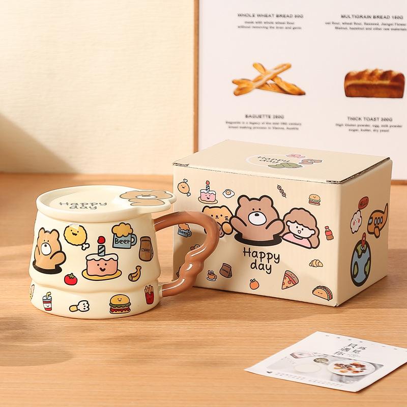 Children's fun, cute graffiti ceramic mug with lid, birthday gift, household drinking water, high-value water cup, souvenir gift girl