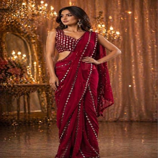 Radiant Red Mirror-Work Saree FREE SIZE красный