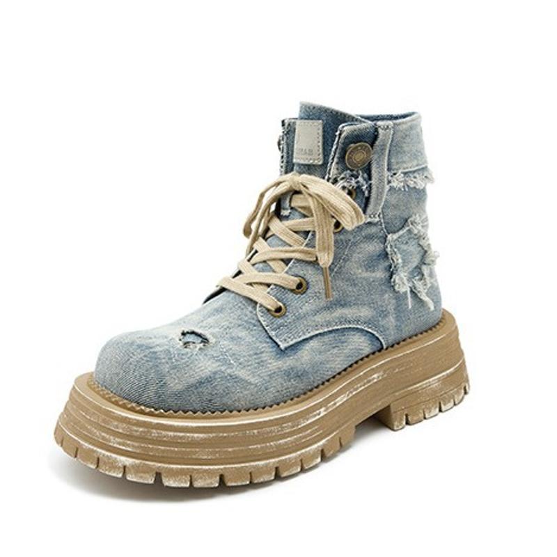 Fashion Denim Boots Autumn Thick Soled Workwear Retro Motorcycle Short Boots Made of Old Denim Boots for Women