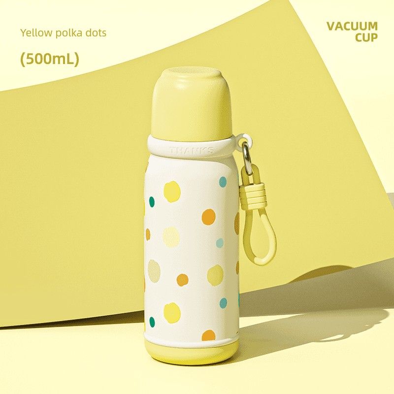 Qigutang Illustration Cute Large-Capacity Thermos Cup Fashionable Three-In-One Straw Cup Portable School-Specific Drinking Cup Polka Dot Yellow (One Cup, Three Drinks)