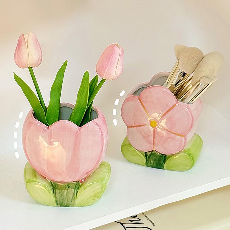 Flower Pen Holder Ceramic Desktop Decoration Cute Girl Desk Office Storage Box Stationery Shelf Storage Tank