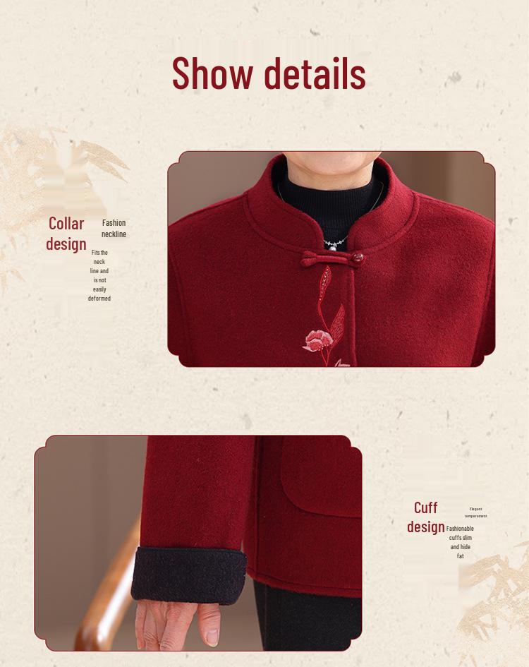 Women's Embroidered Spring Wool Coat with Stand Collar - Perfect for Mothers and Grandmothers, New Year Tang Suit Style.