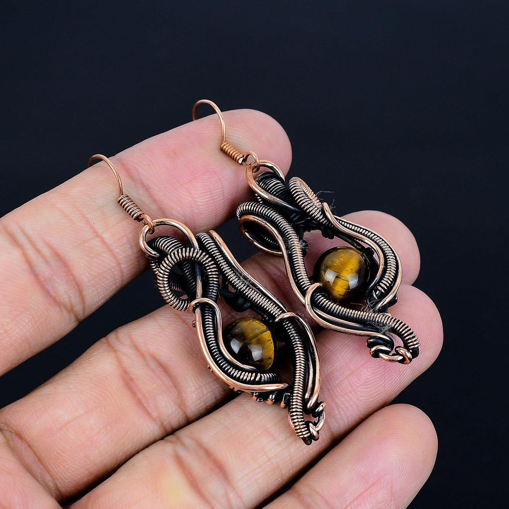 Tiger's Eye 999 Copper Wire Wrap Jewelry Earrings, Handmade Gemstone Earrings, Gift For Mom Antique Jewelry