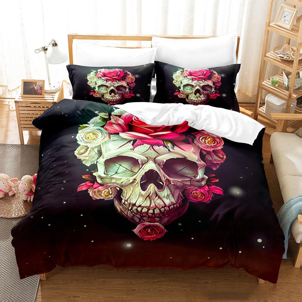Roses and Skulls All Season Twin Bedding Set Single Twin Full Queen King Size Bed Set Aldult Kid Bedroom Duvetcover Sets Anime