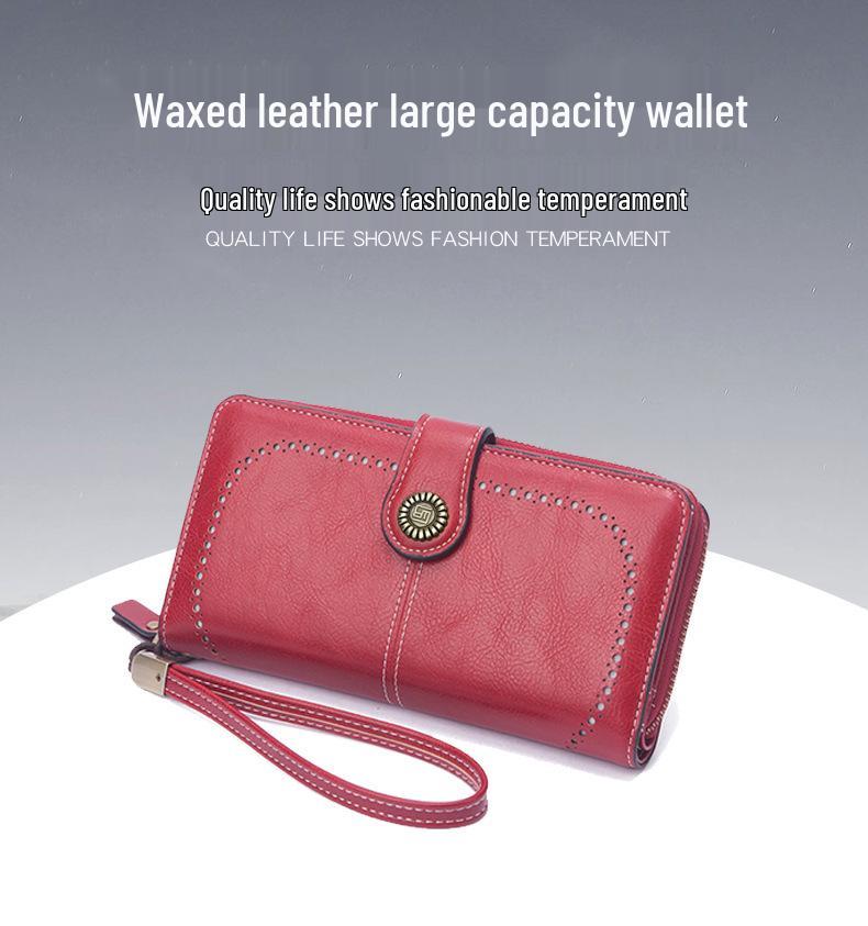 Women's Retro Oil Wax Leather Long Wallet - Hollowed-out Design, Multi-functional, Large Capacity Phone Bag