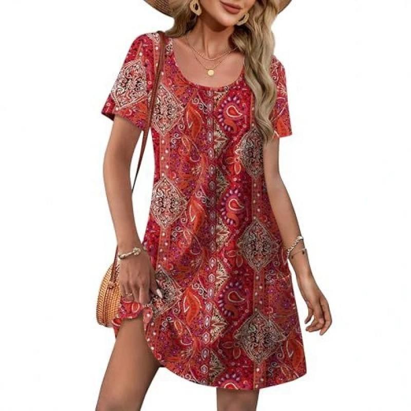 2026 Womens U-Neck Printed Midi Dress Casual Loose Fit Everyday Wear